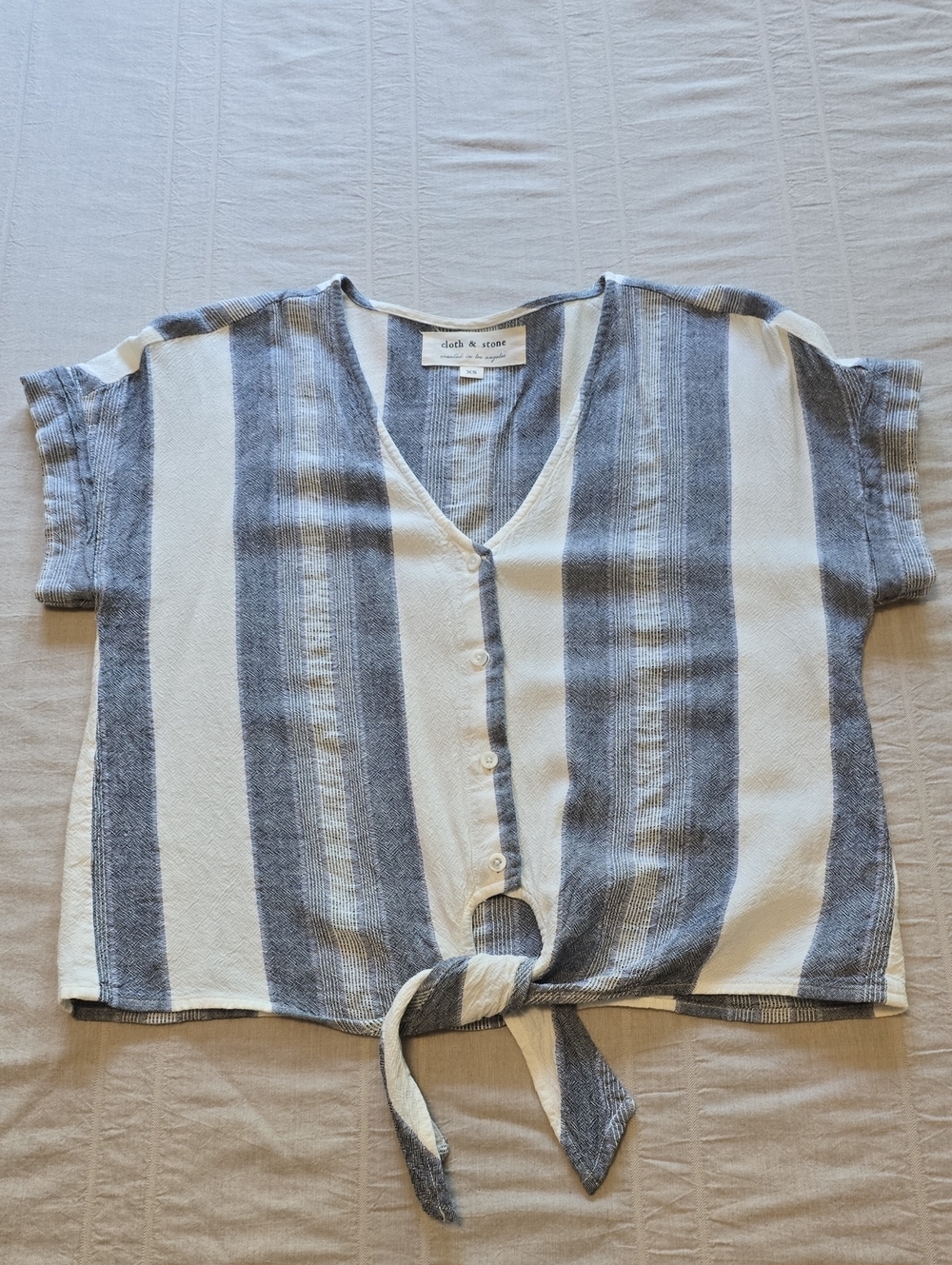 Cloth & Stone Linen Blend Striped Button & Tie Front Cropped Top Women's XS